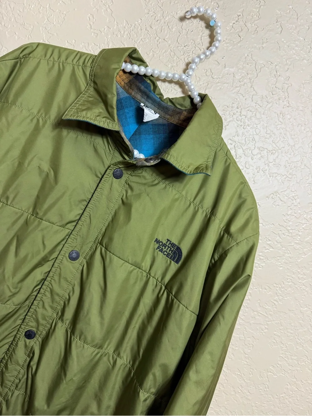 North Face Jacket Mens Large  Green Fort Point Reversible Shadow Flannel Snap